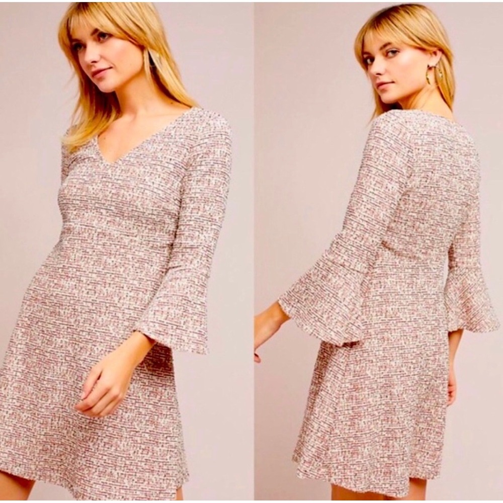 Maeve Anthropologie Susie Tweed Bell Sleeve‎ Swing Dress Burgundy Cream Size S